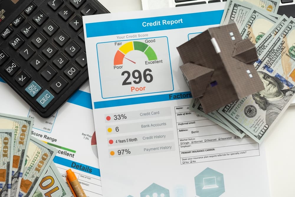 Credit report with a poor score of 296, money, calculator, and a small house model.